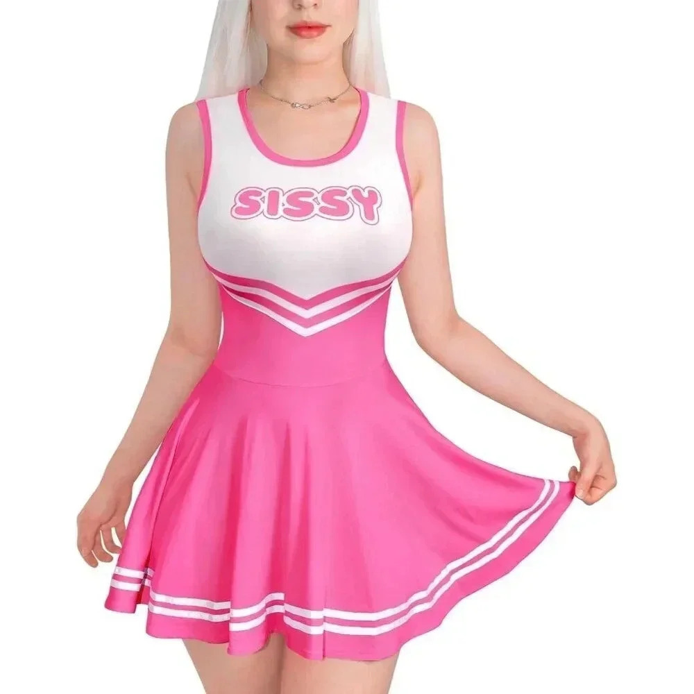 Women Sleeveless Overall Cheer Sissy Bodycon  Mini Dress Skirt Rose